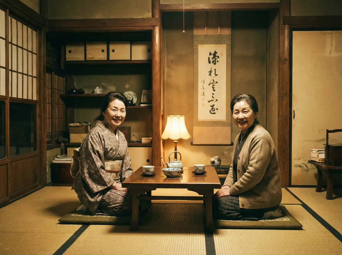 两位优雅的 今日吃瓜导航 | 今日吃瓜官方入口~热点今日吃瓜分享平台 在日式茶室中品茶交谈